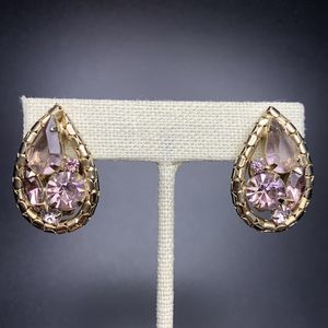 Weiss Clip On Earrings Light Pink Rhinestone Gold Tone Paisley Signed Vintage